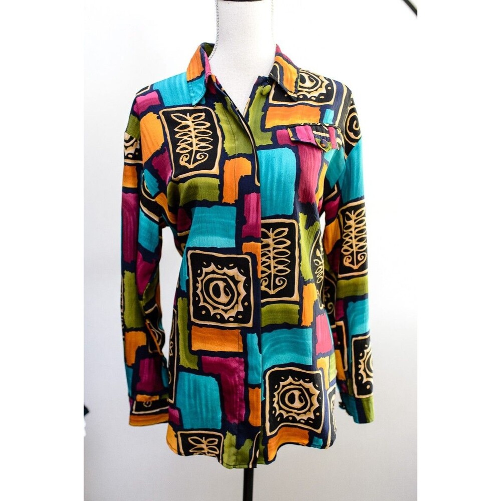 Christie & Jill Shirt Button down M Colorful Abstract art to wear Bright Vintage